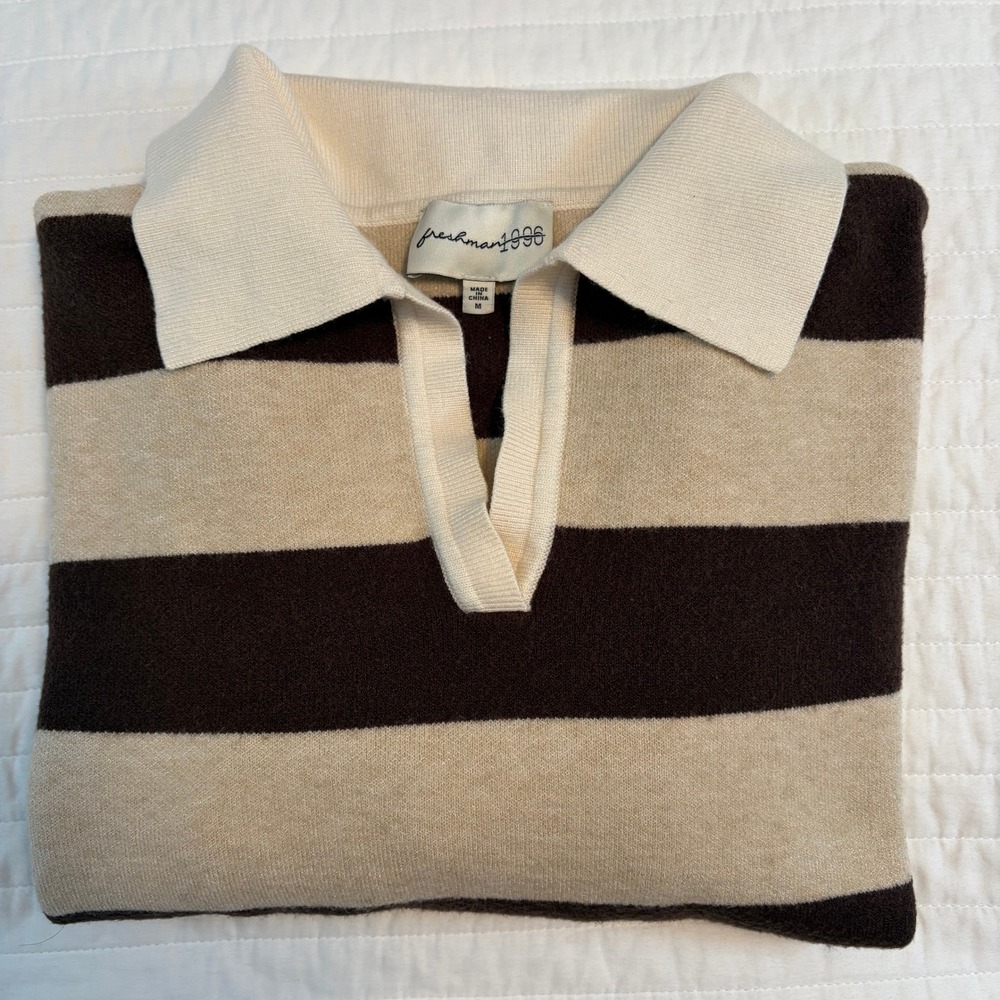Freshman 1996 Brown Tan Striped Polo Knit V-Neck Sweater Womens Medium